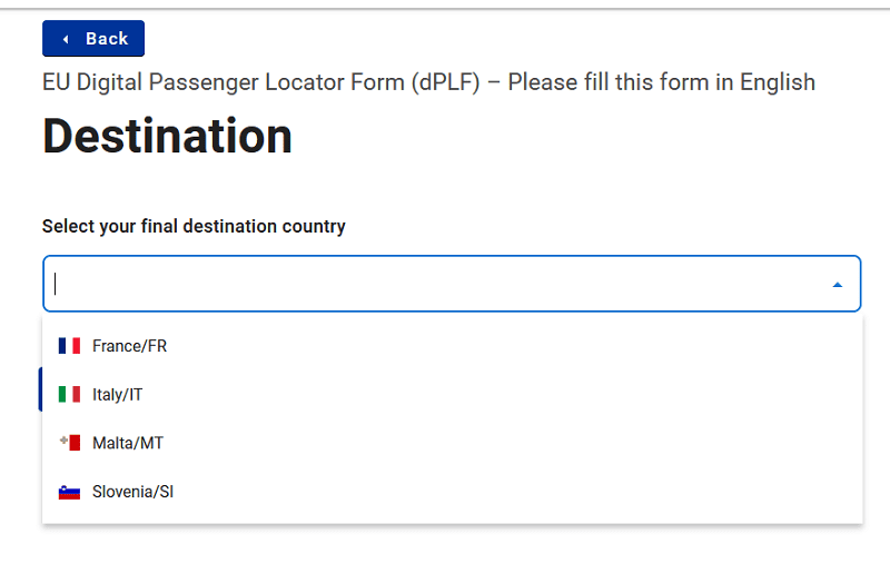 Заполнение формы Digital Passenger Locator Form (dPLF)