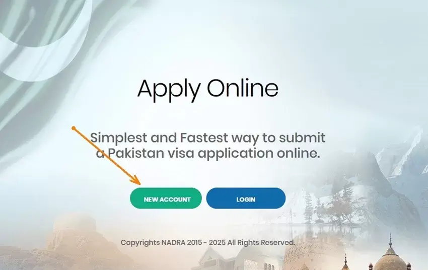 Кнопка для создания нового аккаунта при подаче на визу в Пакистан