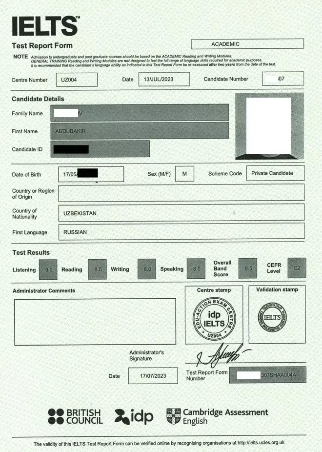 Пример результата языкового теста IELTS Academic