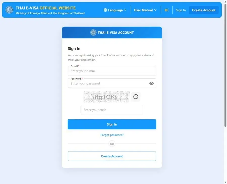 Страница входа Thai e-Visa: Sign In для входа в аккаунт, Create Account для регистрации